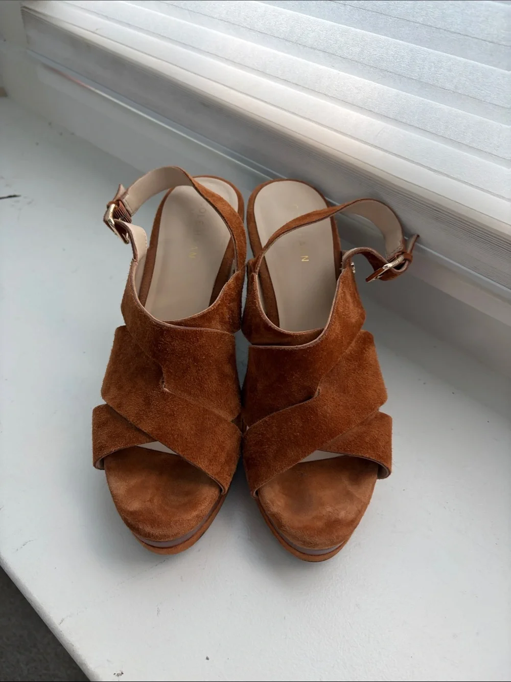 Cole Haan Brown Suede Wedge Sandals with Ankle Strap